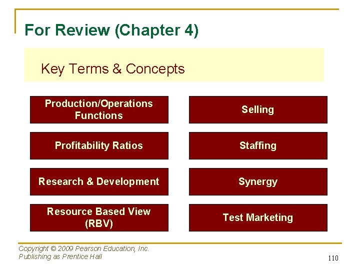 For Review (Chapter 4) Key Terms & Concepts Production/Operations Functions Selling Profitability Ratios Staffing