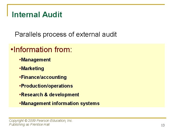 Internal Audit Parallels process of external audit • Information from: • Management • Marketing