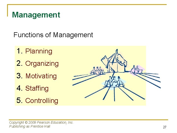 Management Functions of Management 1. Planning 2. Organizing 3. Motivating 4. Staffing 5. Controlling