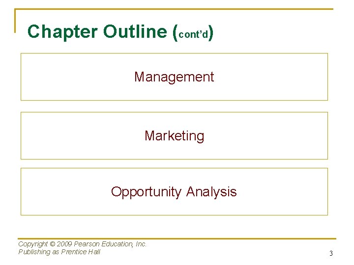 Chapter Outline (cont’d) Management Marketing Opportunity Analysis Copyright © 2009 Pearson Education, Inc. Publishing