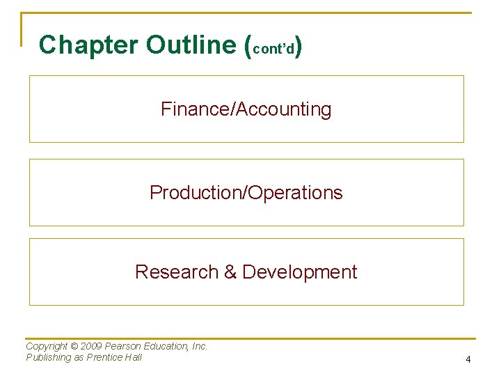 Chapter Outline (cont’d) Finance/Accounting Production/Operations Research & Development Copyright © 2009 Pearson Education, Inc.