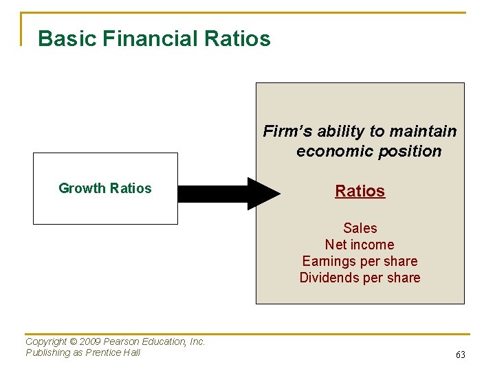 Basic Financial Ratios Firm’s ability to maintain economic position Growth Ratios Sales Net income