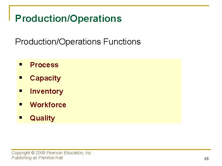 Production/Operations Functions § Process § Capacity § Inventory § Workforce § Quality Copyright ©