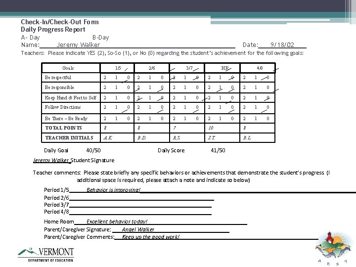 Check-In/Check-Out Form Daily Progress Report A- Day B-Day Name: Jeremy Walker Date: 9/18/02 Teachers: