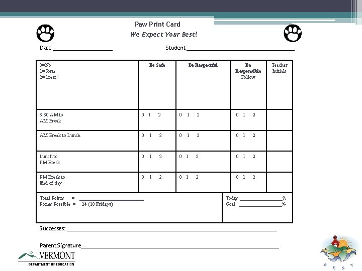 Paw Print Card We Expect Your Best! Date __________ Student __________________ 0=No 1=Sorta 2=Great!