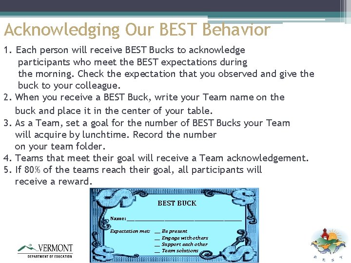 Acknowledging Our BEST Behavior 1. Each person will receive BEST Bucks to acknowledge participants