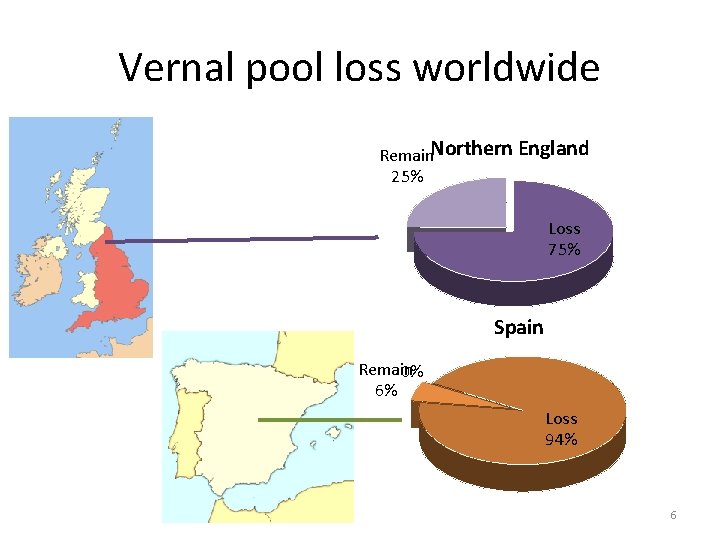 Vernal pool loss worldwide Remain. Northern England 25% Loss 75% Spain Remain 0% 6%