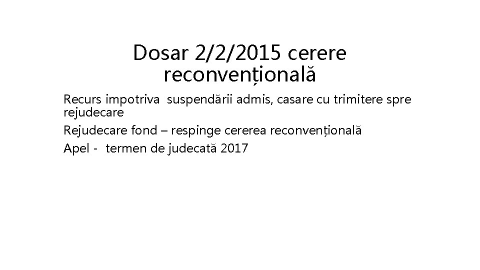 Dosar 2/2/2015 cerere reconvențională Recurs impotriva suspendării admis, casare cu trimitere spre rejudecare Rejudecare