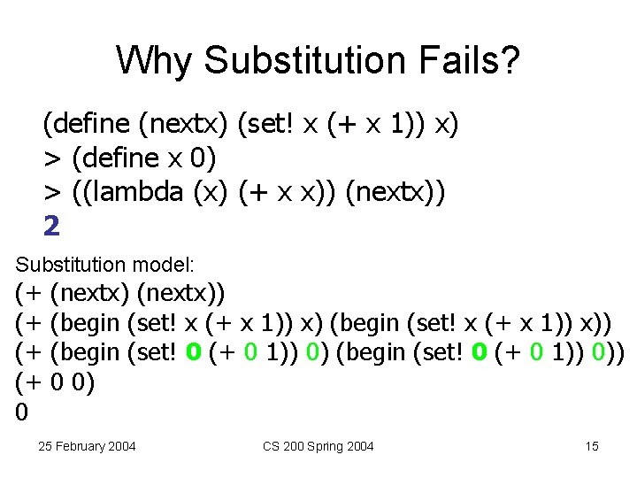 Why Substitution Fails? (define (nextx) (set! x (+ x 1)) x) > (define x