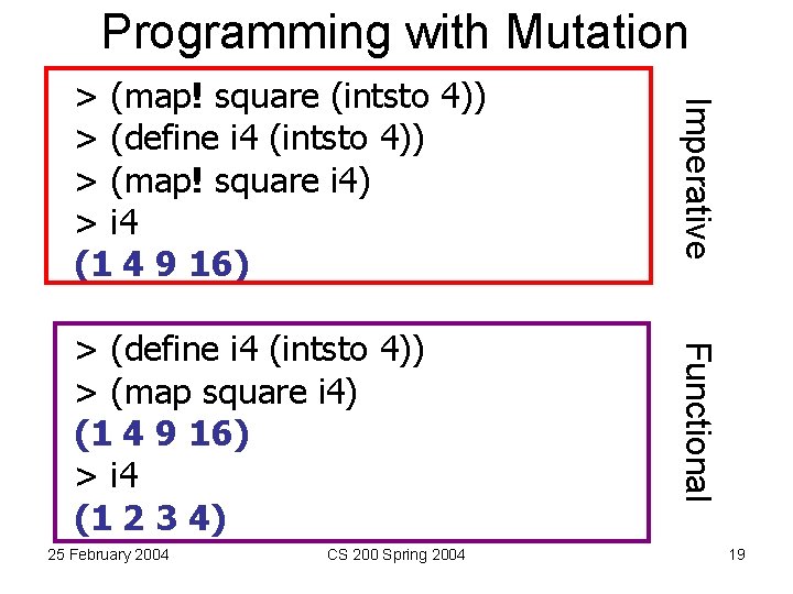 Programming with Mutation > (map! square (intsto 4)) > (define i 4 (intsto 4))