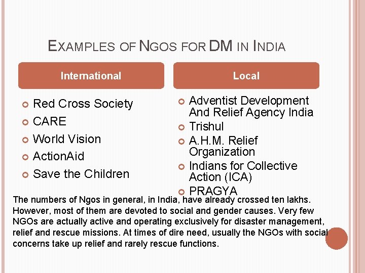 EXAMPLES OF NGOS FOR DM IN INDIA International Red Cross Society CARE World Vision