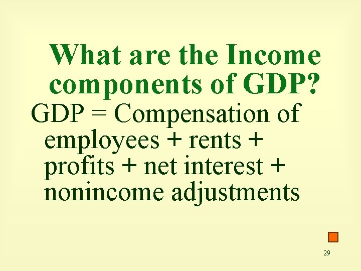 What are the Income components of GDP? GDP = Compensation of employees + rents