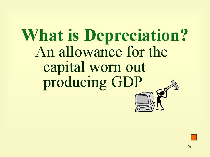What is Depreciation? An allowance for the capital worn out producing GDP 36 