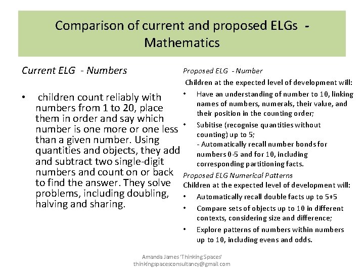 Comparison of current and proposed ELGs Mathematics Current ELG - Numbers • children count Comparison of current and proposed ELGs Mathematics Current ELG - Numbers • children count