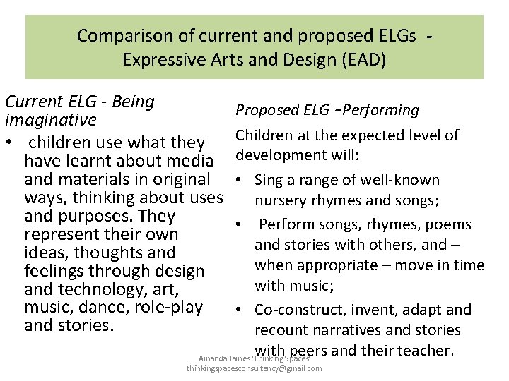 Comparison of current and proposed ELGs Expressive Arts and Design (EAD) Current ELG - Comparison of current and proposed ELGs Expressive Arts and Design (EAD) Current ELG -