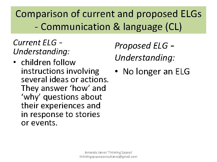 Comparison of current and proposed ELGs - Communication & language (CL) Current ELG – Comparison of current and proposed ELGs - Communication & language (CL) Current ELG –