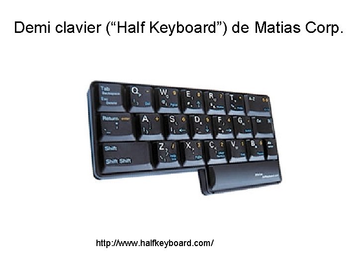 Demi clavier (“Half Keyboard”) de Matias Corp. http: //www. halfkeyboard. com/ 