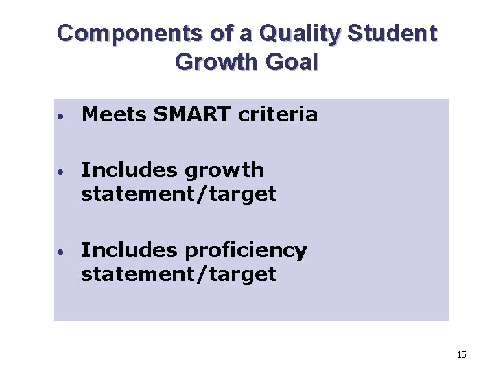 Components of a Quality Student Growth Goal • Meets SMART criteria • Includes growth