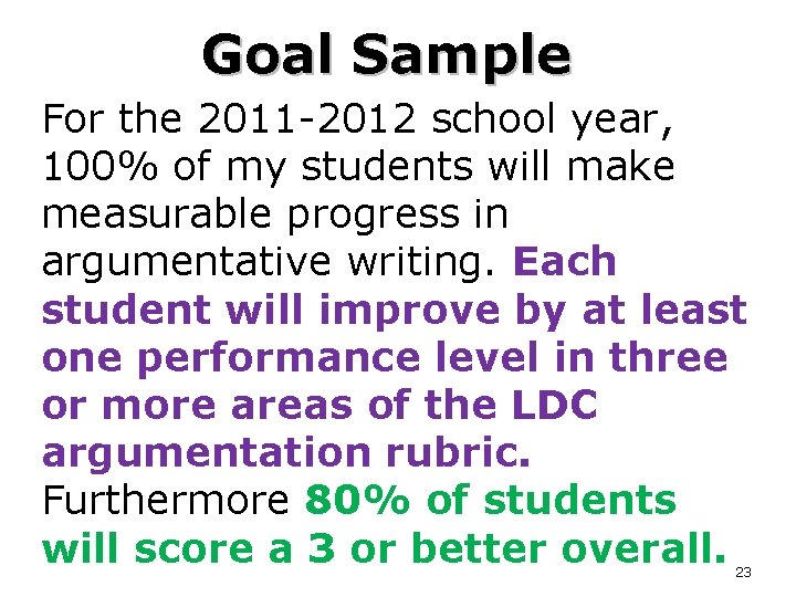 Goal Sample For the 2011 -2012 school year, 100% of my students will make