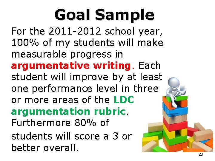 Goal Sample For the 2011 -2012 school year, 100% of my students will make