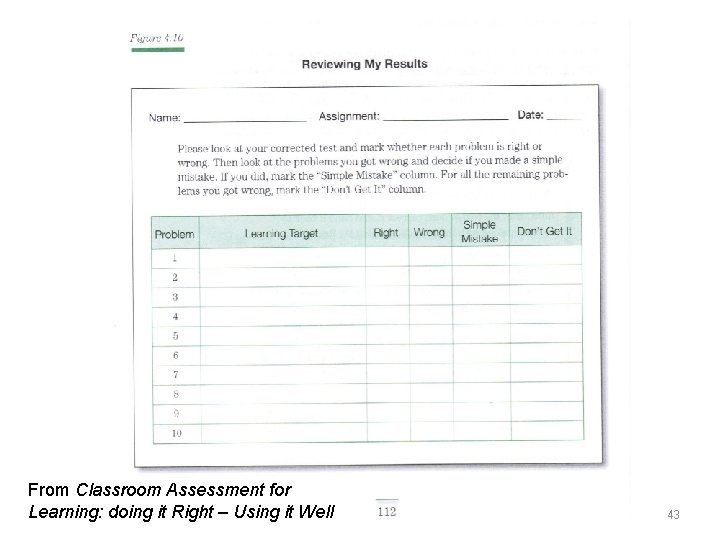 From Classroom Assessment for Learning: doing it Right – Using it Well 43 