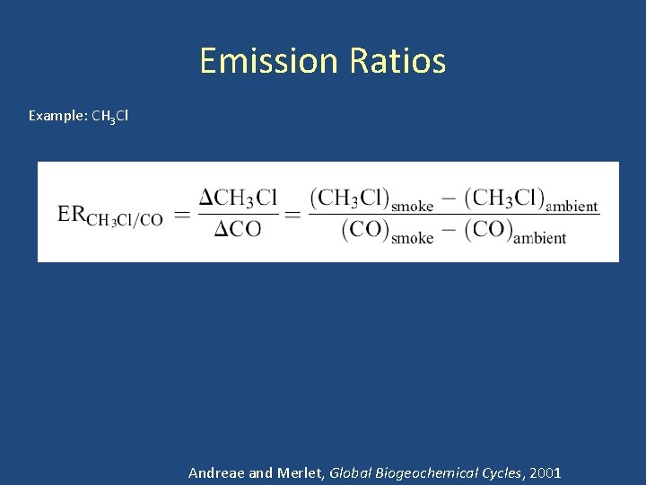 Emission Ratios Example: CH 3 Cl Andreae and Merlet, Global Biogeochemical Cycles, 2001 