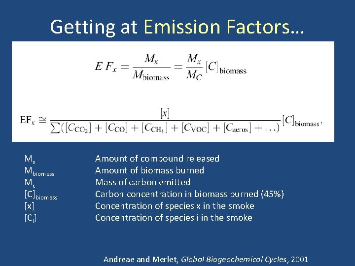 Getting at Emission Factors… Mx Mbiomass Mc [C]biomass [x] [Ci] Amount of compound released