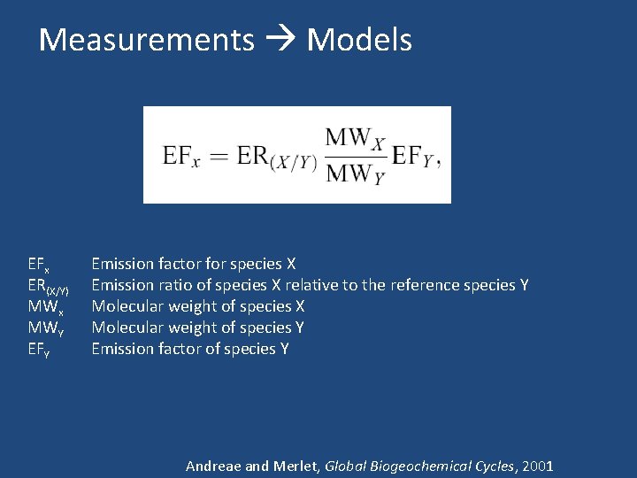 Measurements Models EFx ER(X/Y) MWx MWY EFY Emission factor for species X Emission ratio