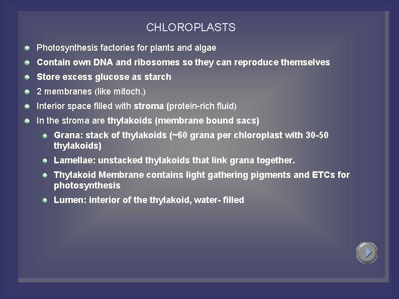 CHLOROPLASTS Photosynthesis factories for plants and algae Contain own DNA and ribosomes so they