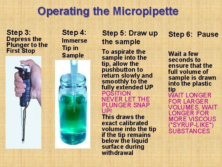 Operating the Micropipette Step 3: Depress the Plunger to the First Stop Step 4: