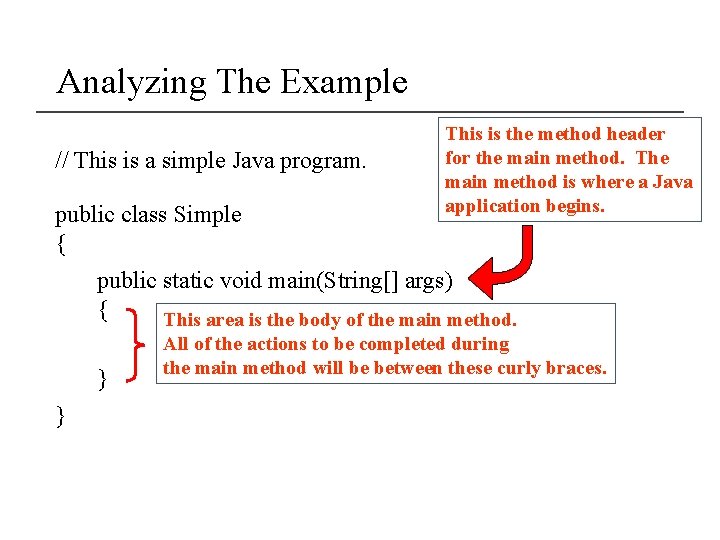 Analyzing The Example // This is a simple Java program. public class Simple {