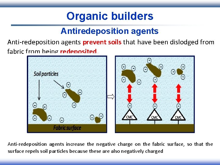 Organic builders Antiredeposition agents Anti-redeposition agents prevent soils that have been dislodged from fabric