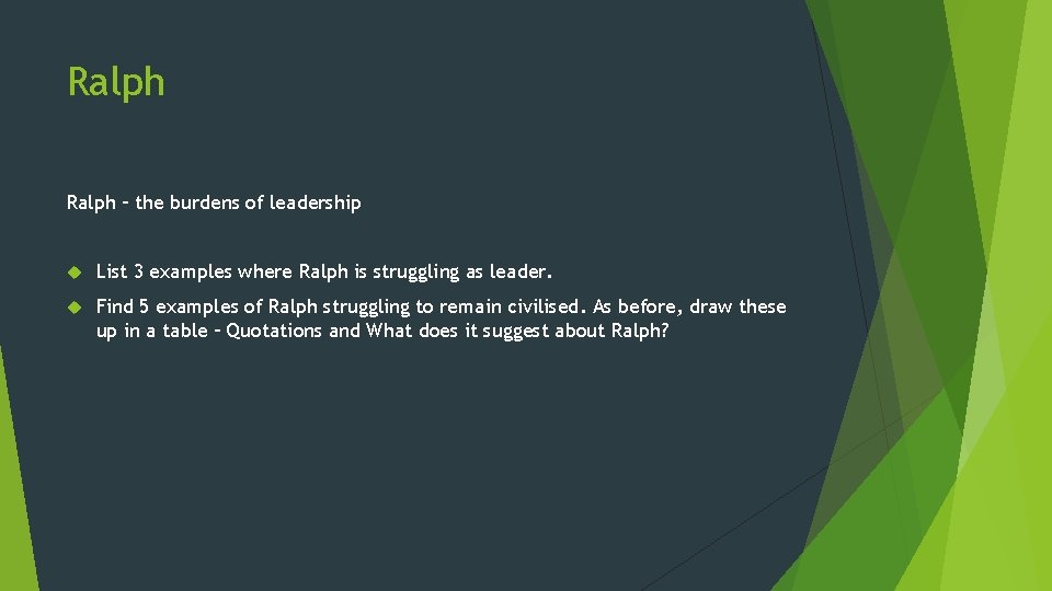 Ralph – the burdens of leadership List 3 examples where Ralph is struggling as