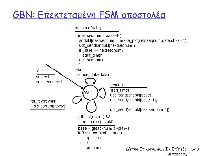 GBN: Επεκτεταμένη FSM αποστολέα rdt_send(data) L base=1 nextseqnum=1 if (nextseqnum < base+N) { sndpkt[nextseqnum]