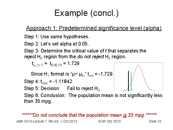 Example (concl. ) Approach 1: Predetermined significance level (alpha) Step 1: Use same hypotheses.