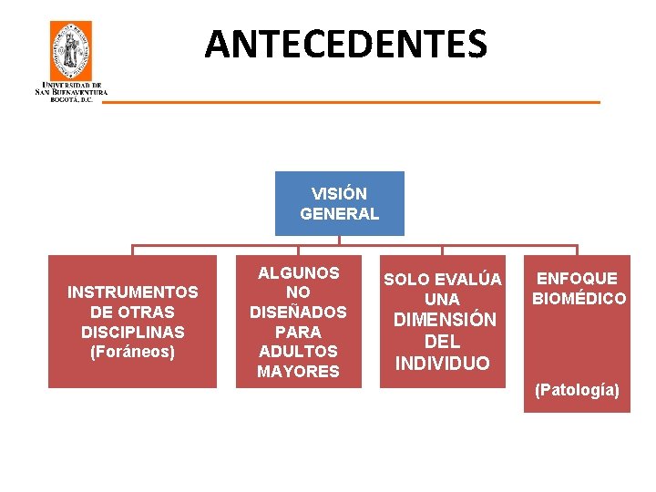 ANTECEDENTES VISIÓN GENERAL INSTRUMENTOS DE OTRAS DISCIPLINAS (Foráneos) ALGUNOS NO DISEÑADOS PARA ADULTOS MAYORES