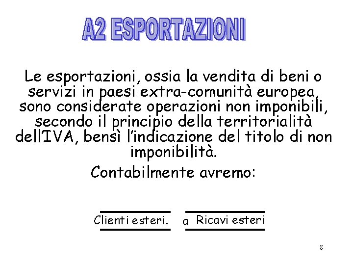 Le esportazioni, ossia la vendita di beni o servizi in paesi extra-comunità europea, sono