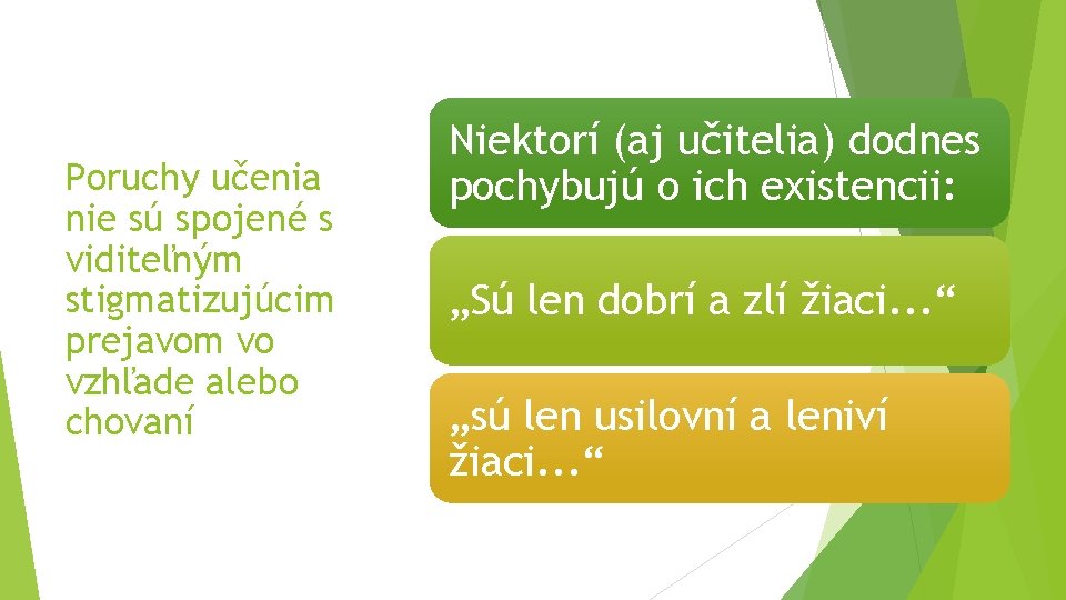 Poruchy učenia nie sú spojené s viditeľným stigmatizujúcim prejavom vo vzhľade alebo chovaní Niektorí