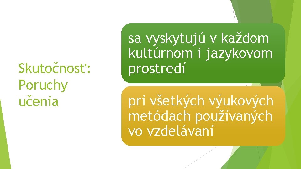 Skutočnosť: Poruchy učenia sa vyskytujú v každom kultúrnom i jazykovom prostredí pri všetkých výukových