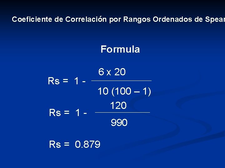 Coeficiente de Correlación por Rangos Ordenados de Spear Formula Rs = 1 - 6