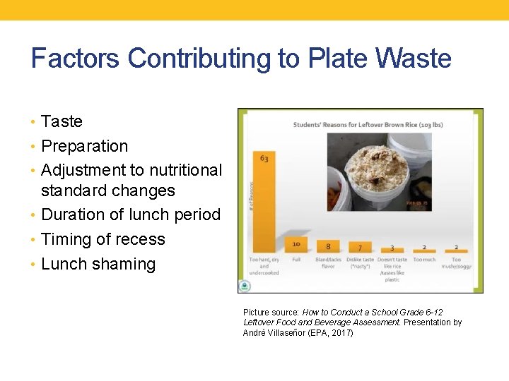 Factors Contributing to Plate Waste • Taste • Preparation • Adjustment to nutritional standard