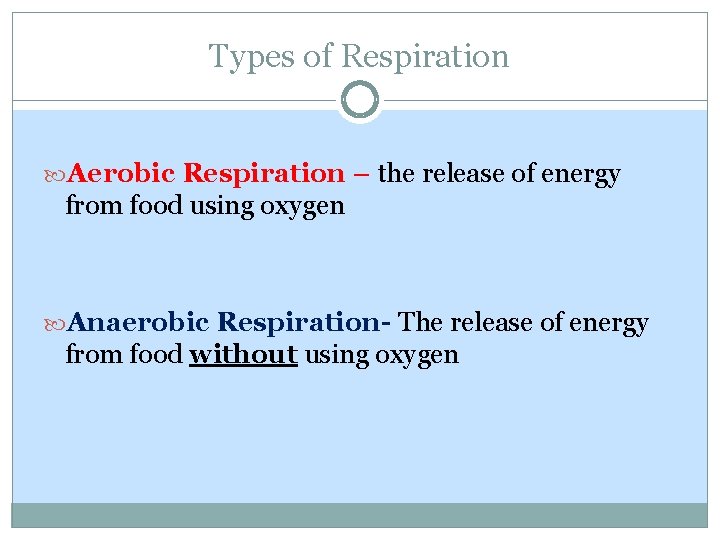 Types of Respiration Aerobic Respiration – the release of energy from food using oxygen Types of Respiration Aerobic Respiration – the release of energy from food using oxygen