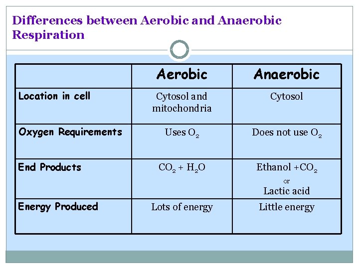 Differences between Aerobic and Anaerobic Respiration Location in cell Oxygen Requirements End Products Aerobic Differences between Aerobic and Anaerobic Respiration Location in cell Oxygen Requirements End Products Aerobic