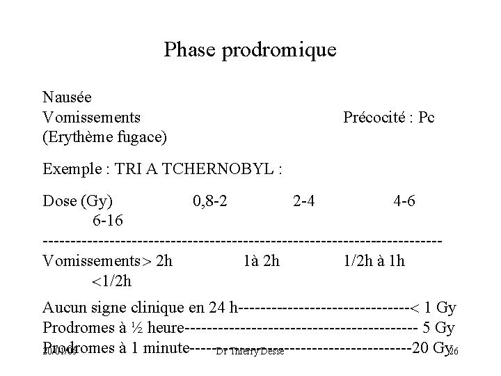 Phase prodromique Nausée Vomissements (Erythème fugace) Précocité : Pc Exemple : TRI A TCHERNOBYL