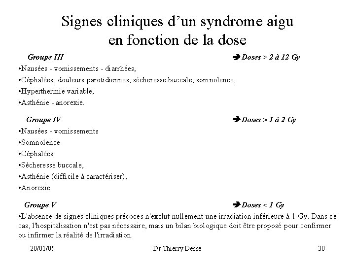 Signes cliniques d’un syndrome aigu en fonction de la dose Groupe III Doses >
