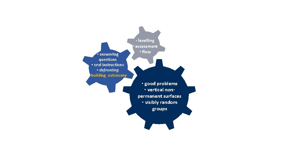  • levelling • answering questions • oral instructions • defronting • building autonomy