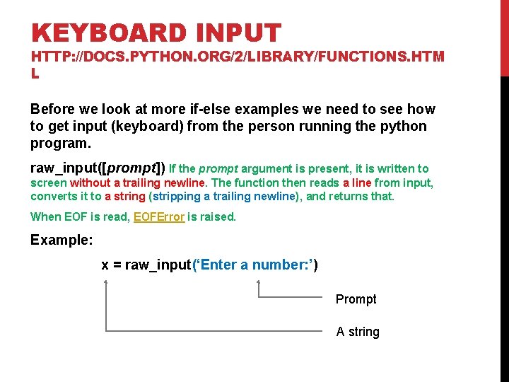 KEYBOARD INPUT HTTP: //DOCS. PYTHON. ORG/2/LIBRARY/FUNCTIONS. HTM L Before we look at more if-else