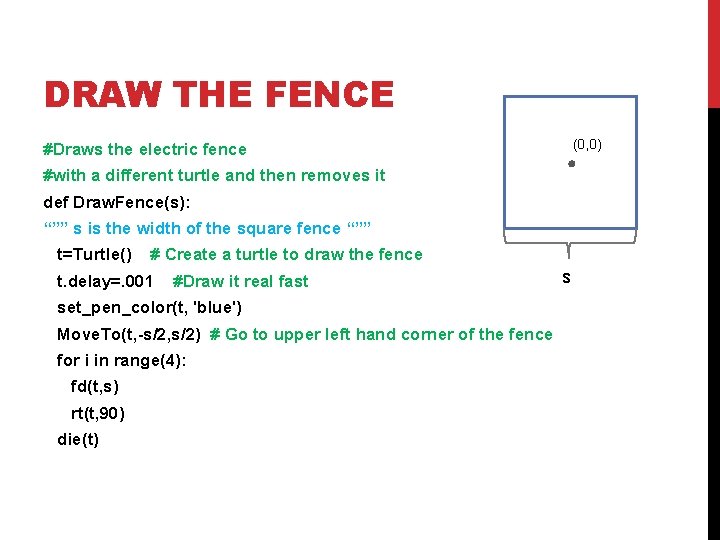 DRAW THE FENCE (0, 0) #Draws the electric fence #with a different turtle and