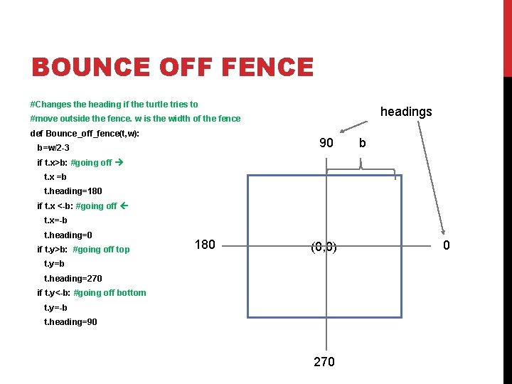BOUNCE OFF FENCE #Changes the heading if the turtle tries to headings #move outside
