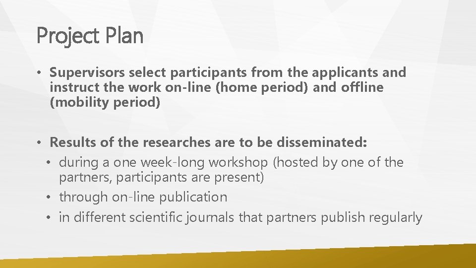 Project Plan • Supervisors select participants from the applicants and instruct the work on-line